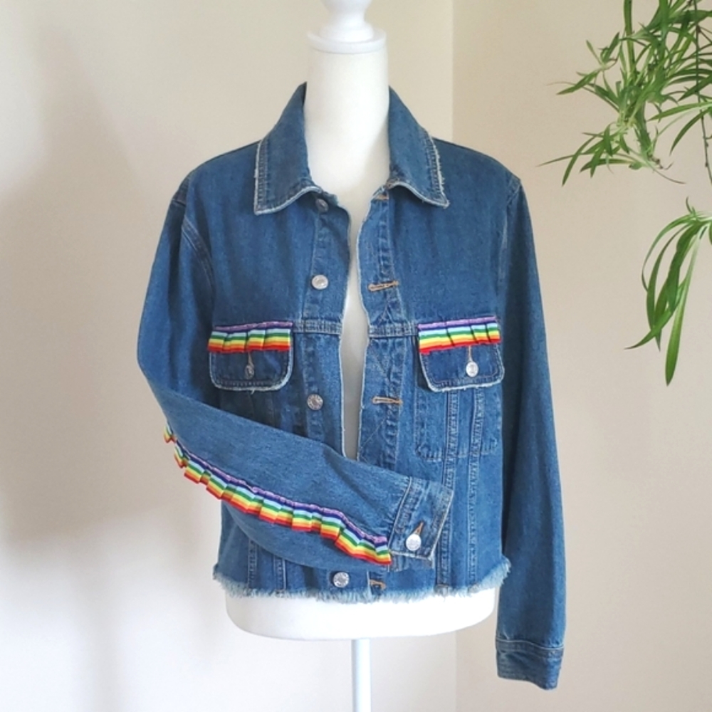 Distressed Denim Jean Jacket Rainbow Pride LGBTQ  Size M